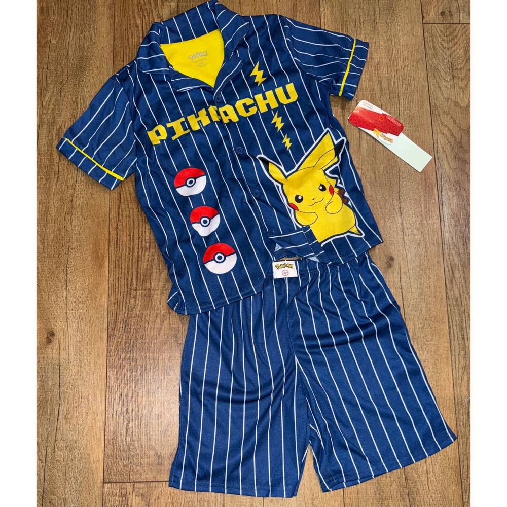 Pokemon Pikachu Kids Pajama Set Navy Pinstripe 2PC NWT Medium 8